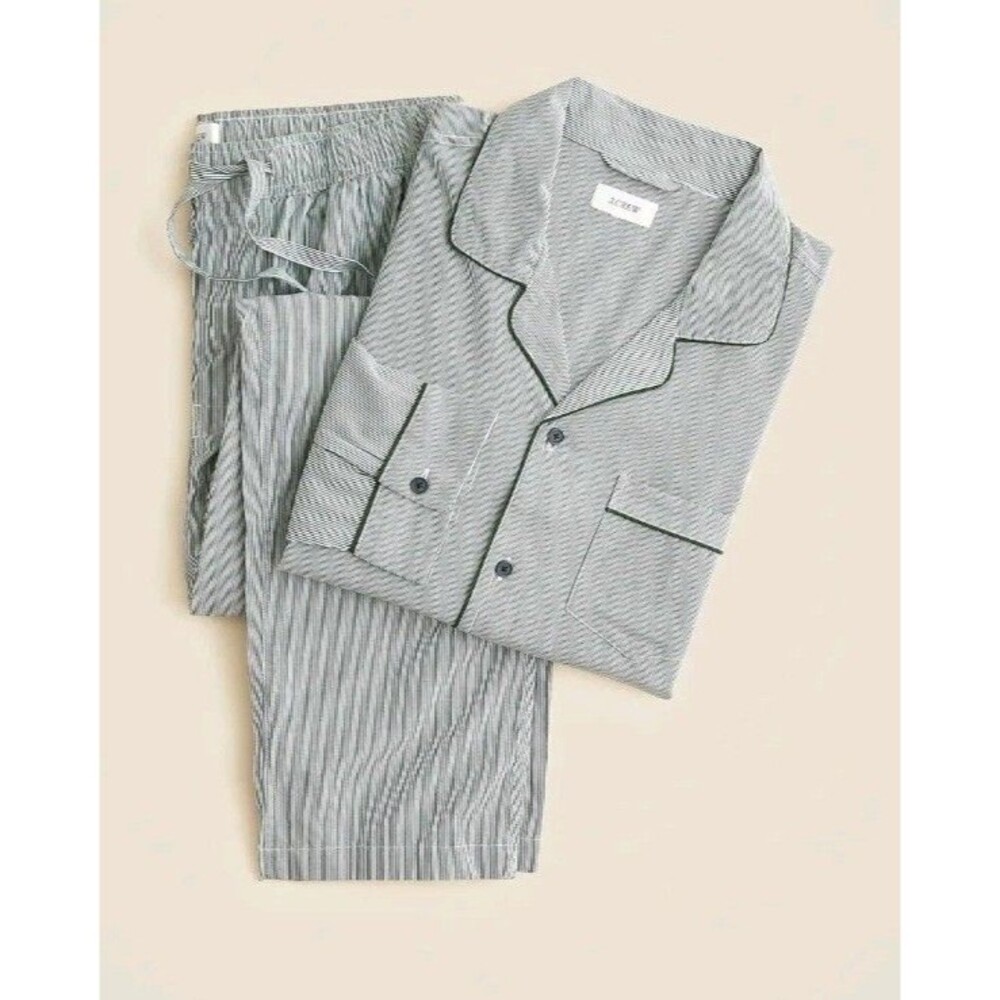 NWT J.Crew Size S Long Sleeve Pajama Pant Set Cotton Reggie White Green Stripe